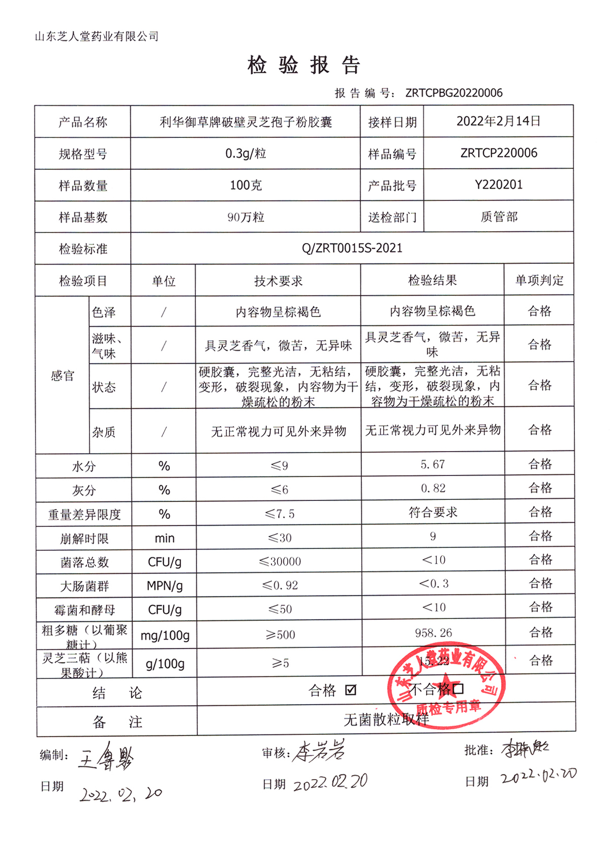 Y220201利华御草牌破壁灵芝孢子粉胶囊厂检报告